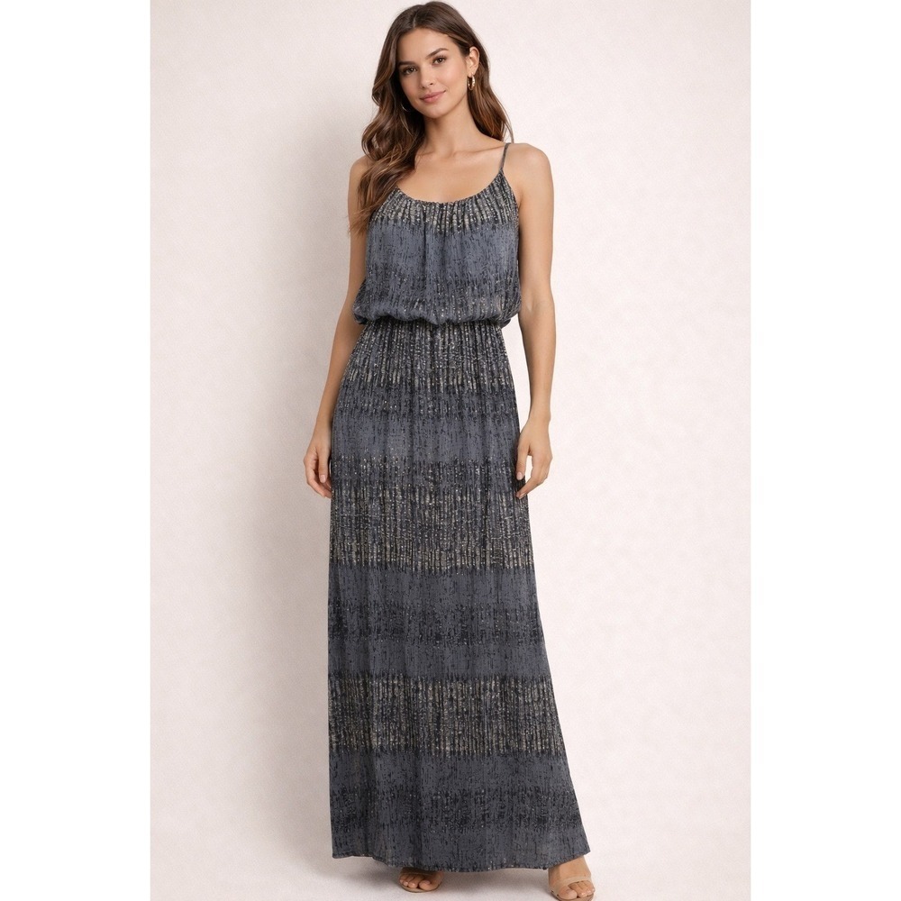 Womens Gray Abstract Print Maxi Dress Spaghetti Strap Elastic Waist M